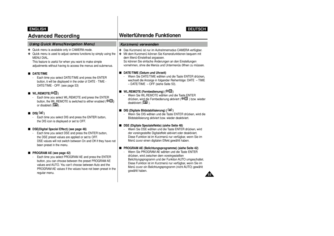 Samsung VP-D23I, VP-D24i manual Using Quick MenuNavigation Menu, Kurzmenü verwenden, Wl.Remote 