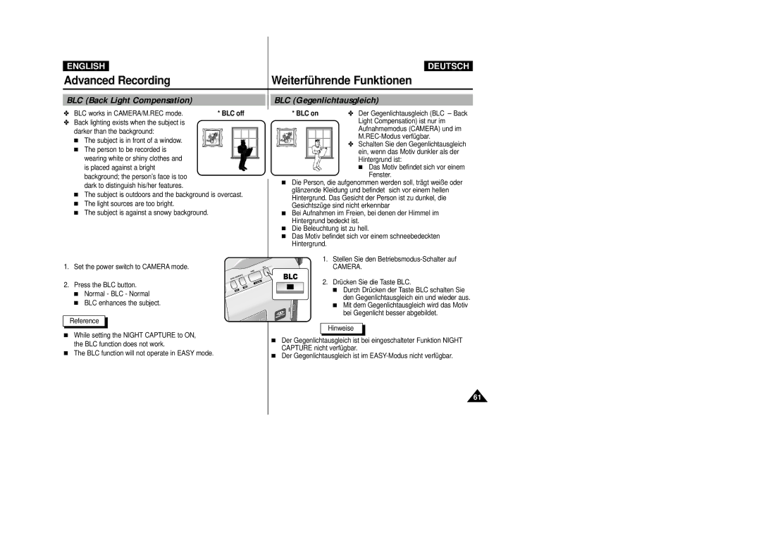 Samsung VP-D23I, VP-D24i manual BLC Back Light Compensation, BLC Gegenlichtausgleich, BLC works in CAMERA/M.REC mode, BLC on 