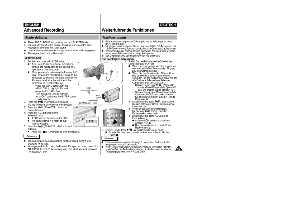 Samsung VP-D23I, VP-D24i manual Advanced Recording, Audio dubbing Nachvertonung 