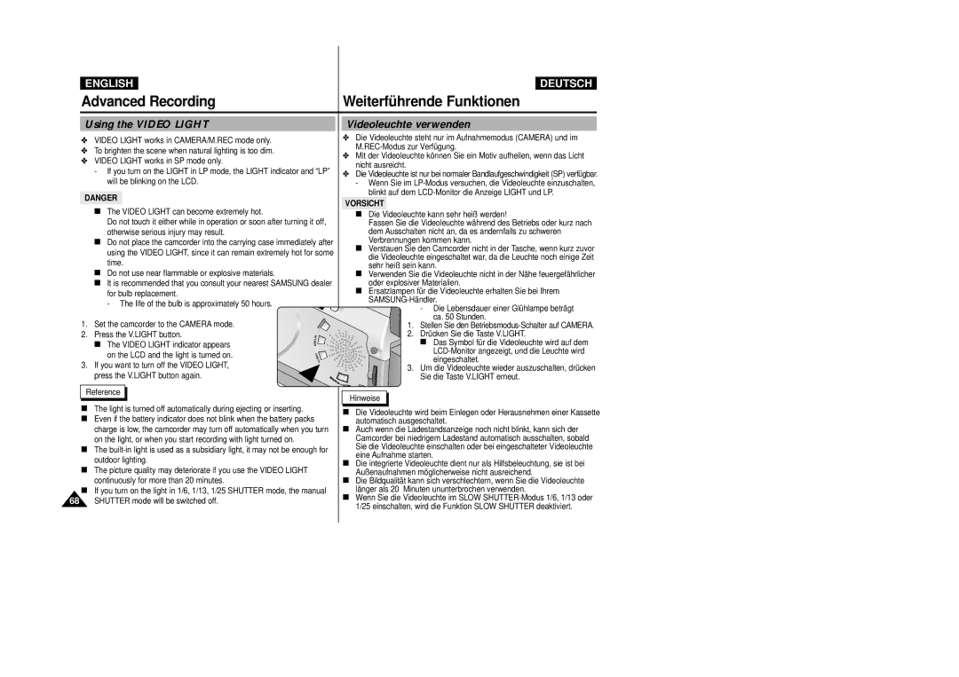 Samsung VP-D24i, VP-D23I manual Using the Video Light Videoleuchte verwenden, Vorsicht 