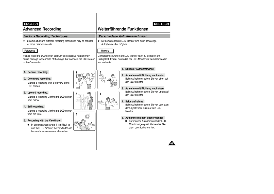 Samsung VP-D23I, VP-D24i manual Various Recording Techniques, Verschiedene Aufnahmetechniken 