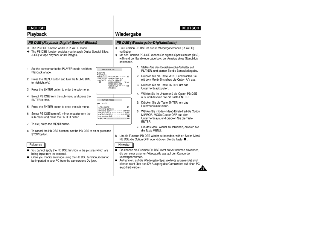 Samsung VP-D23I, VP-D24i manual PB DSE Playback Digital Special Effects, PB DSE Wiedergabe-Digitaleffekte 