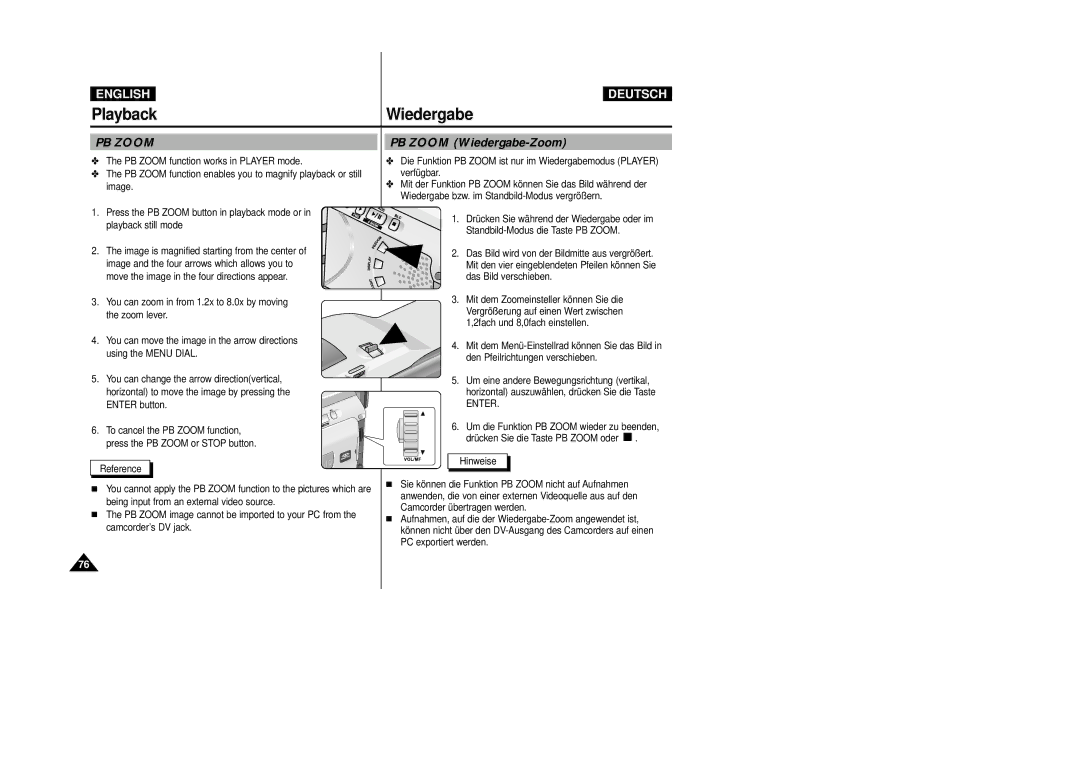 Samsung VP-D24i, VP-D23I manual PB Zoom Wiedergabe-Zoom 