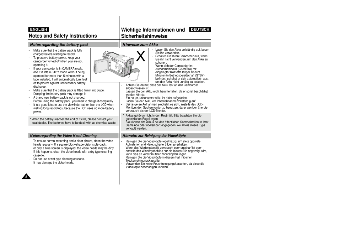 Samsung VP-D24i manual Hinweise zum Akku, Hinweise zur Reinigung der Videoköpfe, Make sure that the battery pack is fully 