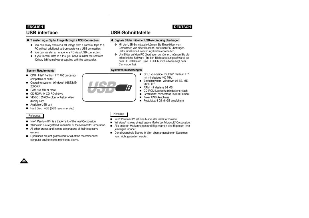 Samsung VP-D24i, VP-D23I manual USB interface USB-Schnittstelle, You can transfer an image to a PC via a USB connection 