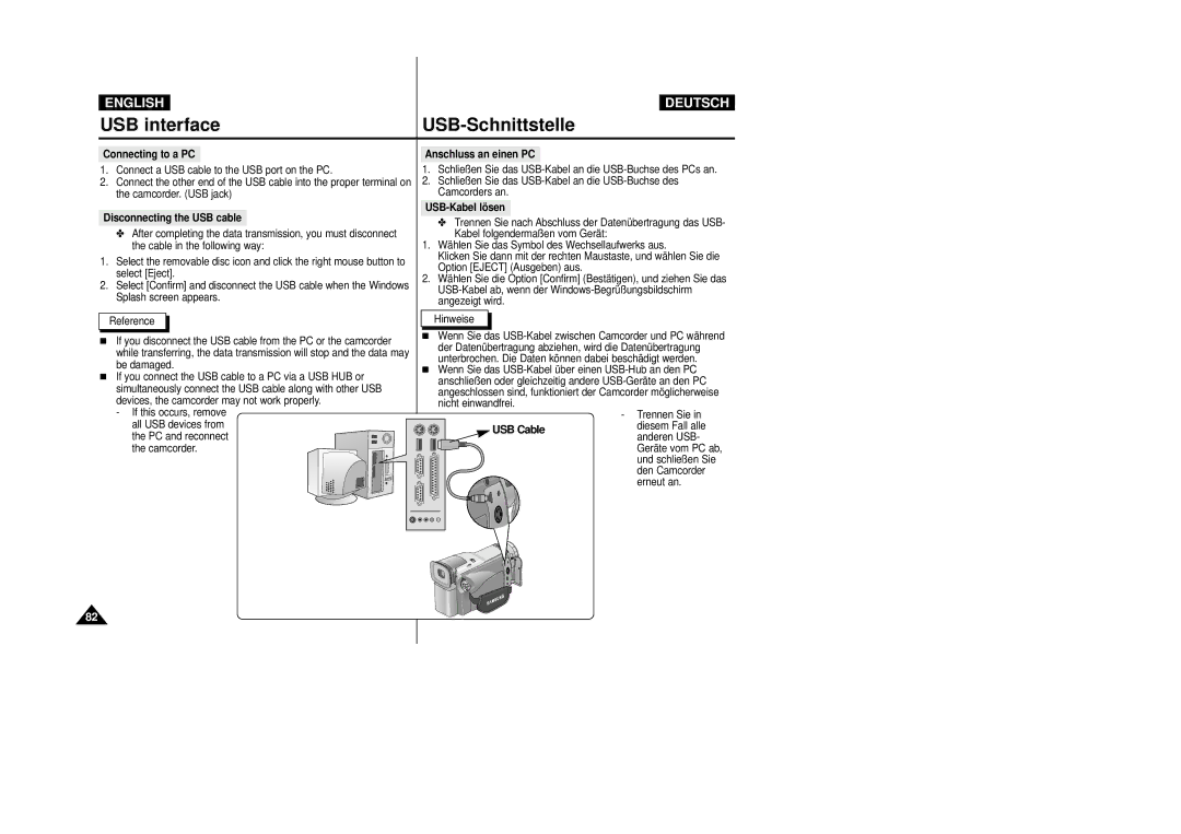 Samsung VP-D24i, VP-D23I manual Disconnecting the USB cable, USB-Kabel lösen 