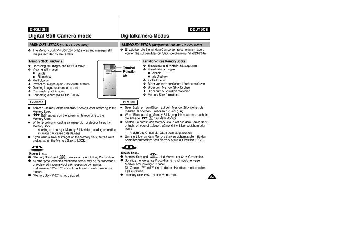 Samsung VP-D23I, VP-D24i manual Memory Stick Functions, Protection Tab Funktionen des Memory Sticks 