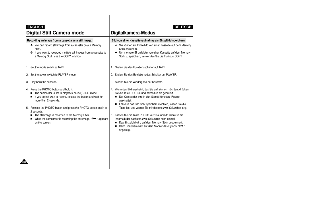 Samsung VP-D24i, VP-D23I manual Recording an image from a cassette as a still image 