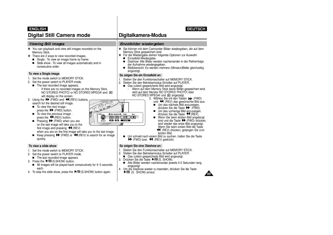 Samsung VP-D23I, VP-D24i manual Viewing Still images, Einzelbilder wiedergeben 