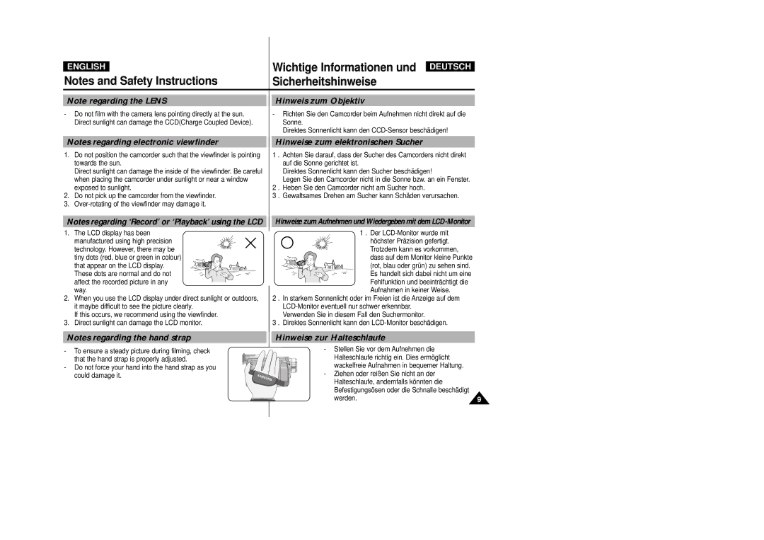 Samsung VP-D23I, VP-D24i manual Hinweis zum Objektiv, Hinweise zum elektronischen Sucher, Hinweise zur Halteschlaufe 