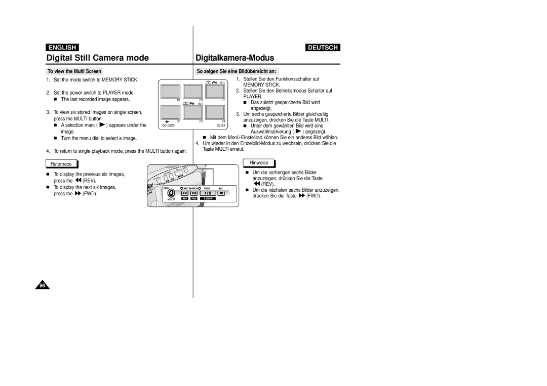 Samsung VP-D24i, VP-D23I manual To view the Multi Screen, So zeigen Sie eine Bildü bersicht an, Player 