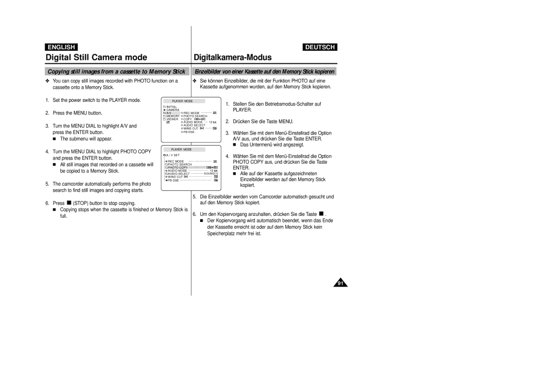 Samsung VP-D23I, VP-D24i manual Copying still images from a cassette to Memory Stick 