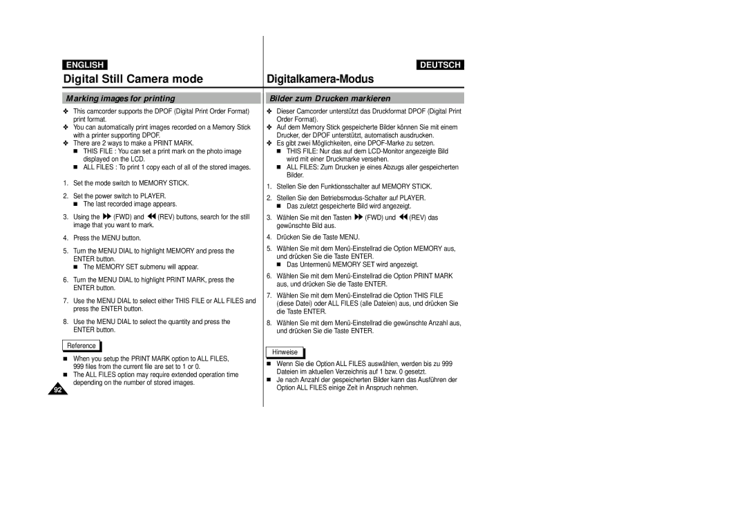 Samsung VP-D24i, VP-D23I manual Marking images for printing, Bilder zum Drucken markieren 