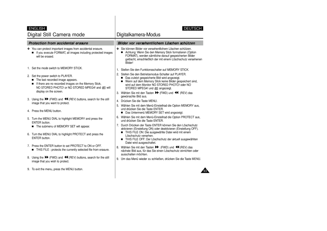 Samsung VP-D23I, VP-D24i manual Protection from accidental erasure, Bilder vor versehentlichem Löschen schützen 