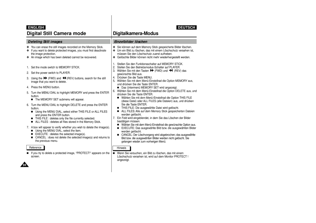 Samsung VP-D24i, VP-D23I manual Deleting Still images, Einzelbilder löschen 