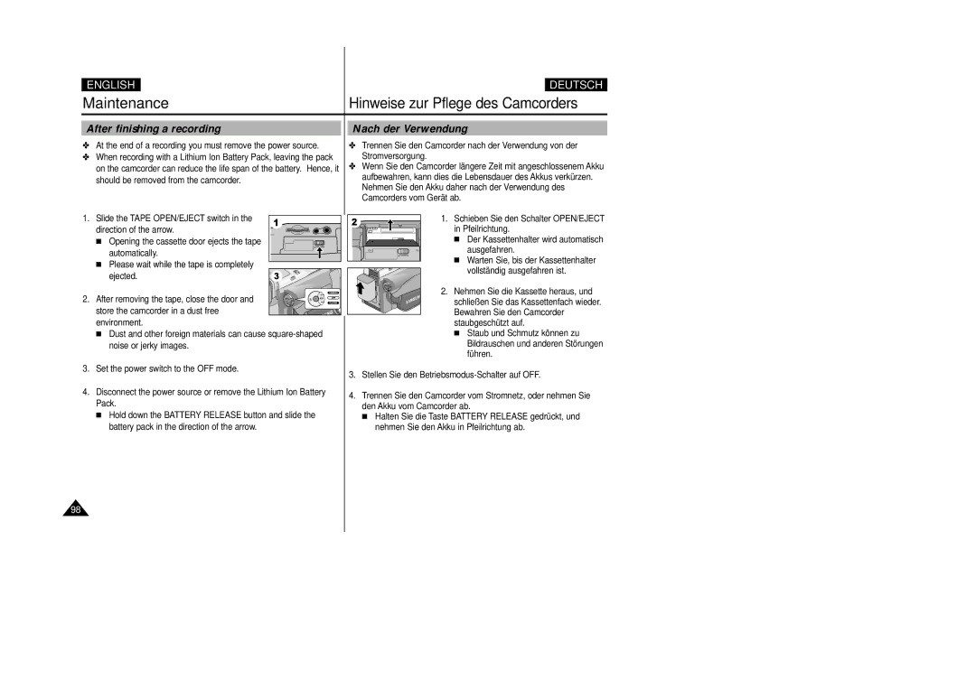 Samsung VP-D24i, VP-D23I manual Maintenance, After finishing a recording Nach der Verwendung 