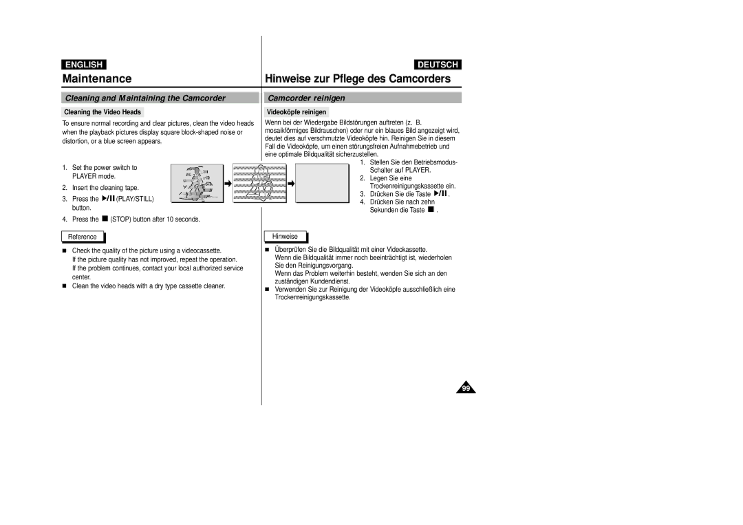 Samsung VP-D23I, VP-D24i manual Maintenance, Hinweise zur Pflege des Camcorders, Cleaning and Maintaining the Camcorder 