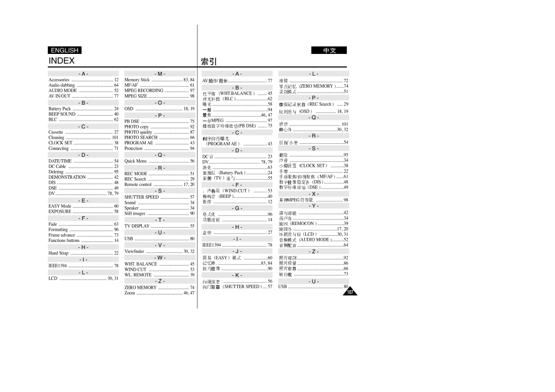 Samsung VP-D270(I), VP-D250(I), VP-D200(I), VP-D230(I) manual Index 