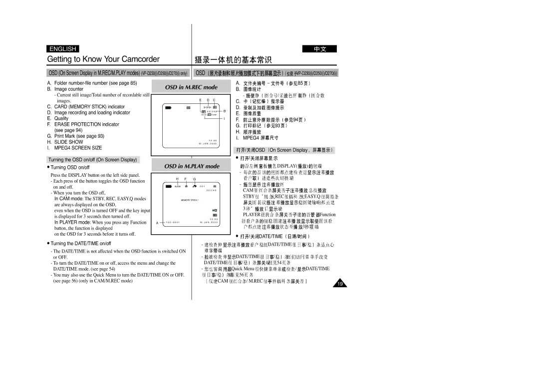 Samsung VP-D270(I) Folder number-file number see Image counter, Slide Show MPEG4 Screen Size, MPEG4 OSD On Screen Display 