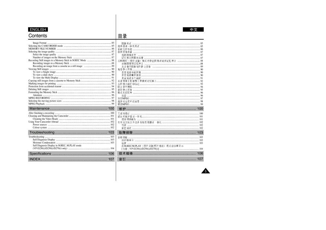 Samsung VP-D200(I), VP-D250(I), VP-D230(I), VP-D270(I) manual Index 