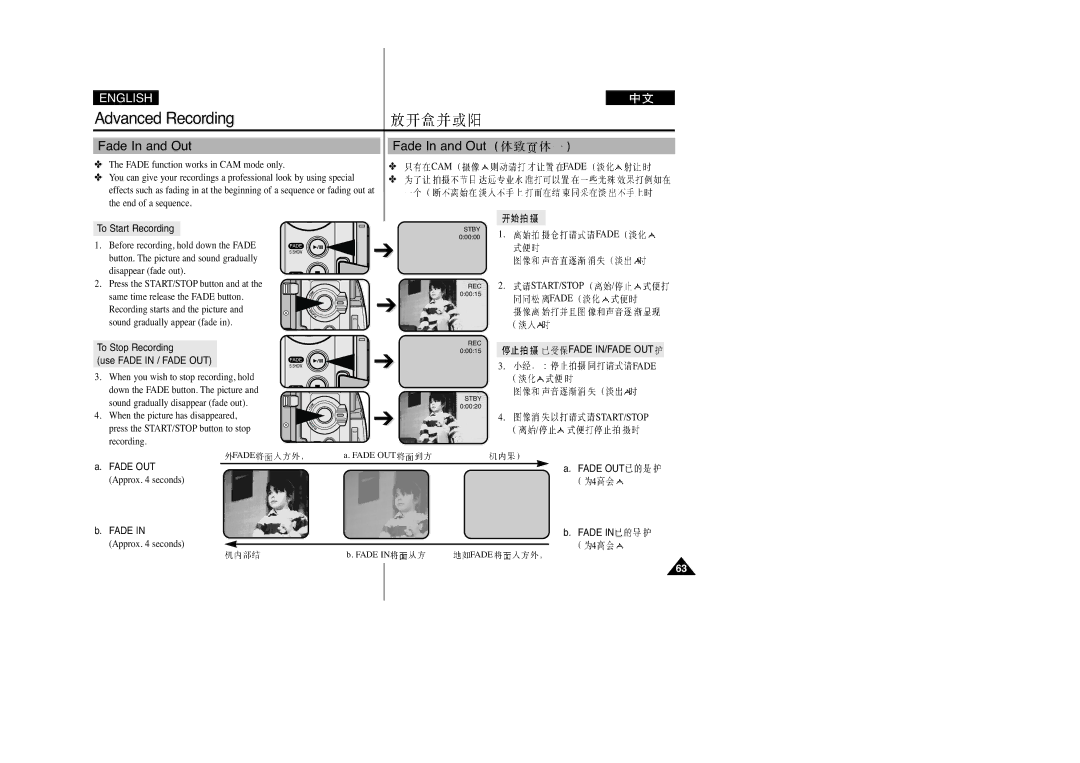 Samsung VP-D270(I), VP-D250(I), VP-D200(I), VP-D230(I) manual Fade In and Out, Fade IN/FADE OUT 