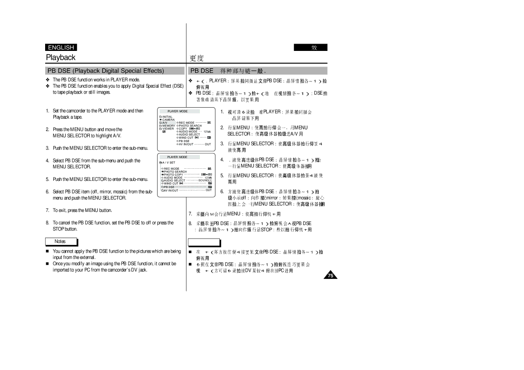 Samsung VP-D270(I), VP-D250(I), VP-D200(I), VP-D230(I) manual PB DSE Playback Digital Special Effects, Pb Dse, Selector 