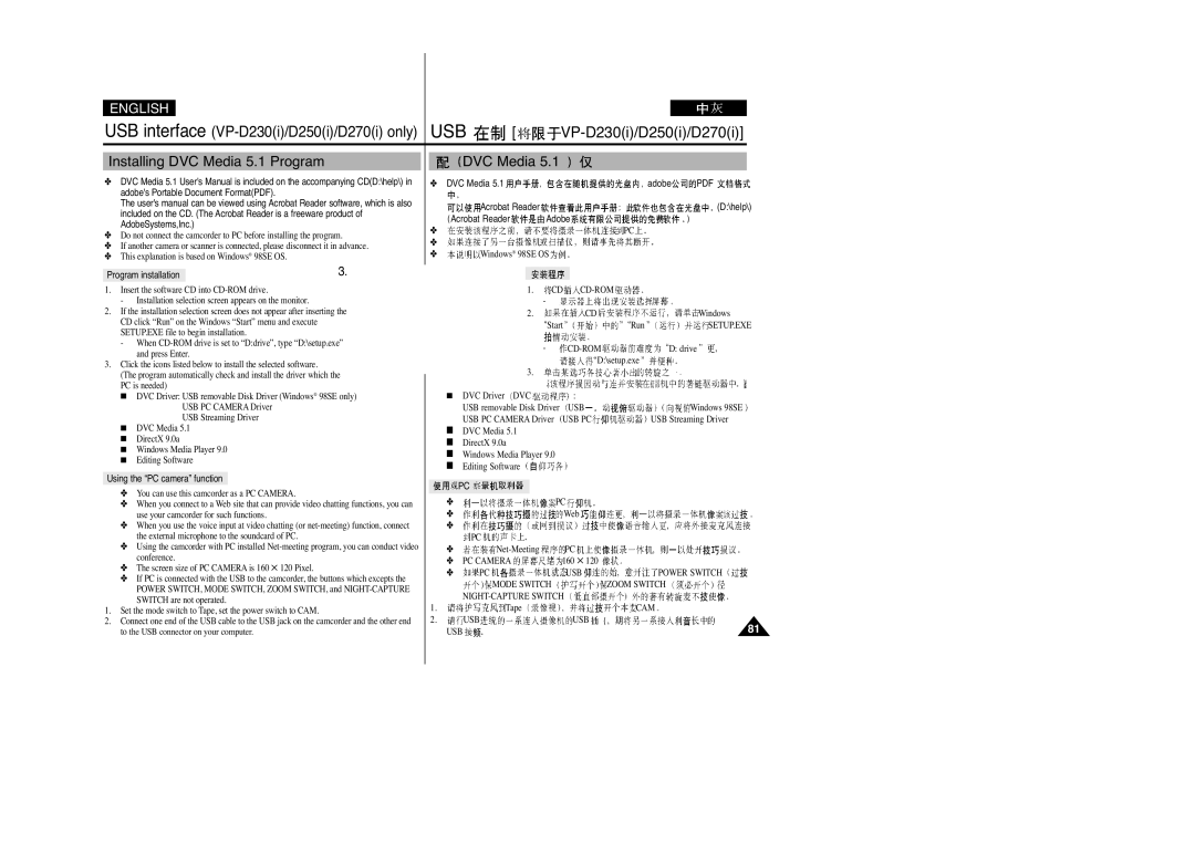 Samsung VP-D200(I), VP-D250(I), VP-D230(I), VP-D270(I) manual Installing DVC Media 5.1 Program, Program installation 