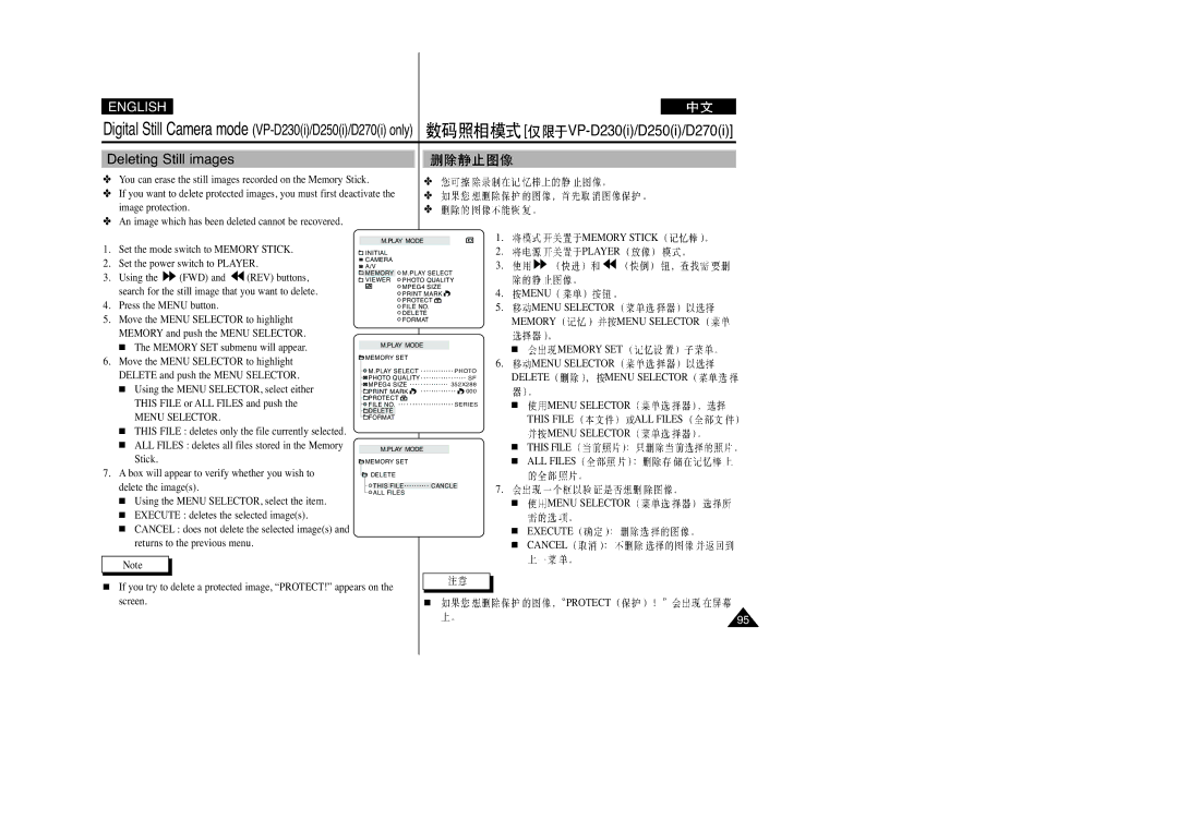 Samsung VP-D270(I), VP-D250(I), VP-D200(I), VP-D230(I) manual Deleting Still images, Menu Selector Memory Menu Selector 