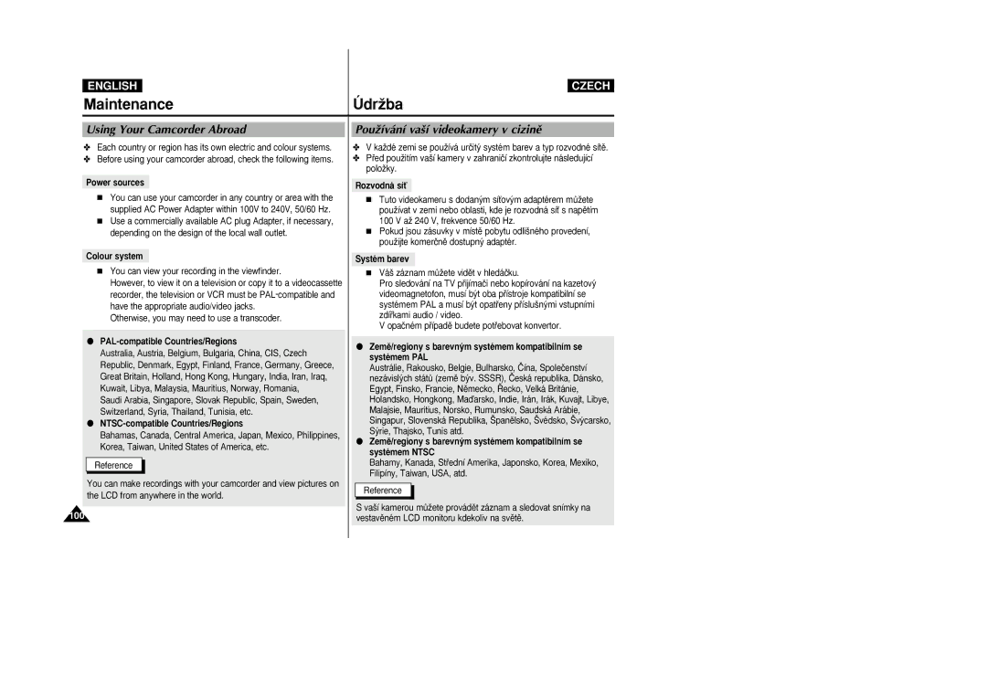 Samsung VP-D26i manual Using Your Camcorder Abroad, PouÏívání va‰í videokamery v cizinû 