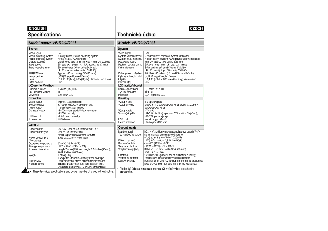 Samsung VP-D26i manual Specifications Technické údaje, Model name VP-D26/D26i, Model VP-D26/D26i 