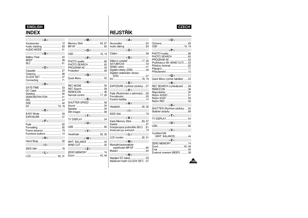 Samsung VP-D26i manual Index REJST¤ÍK 