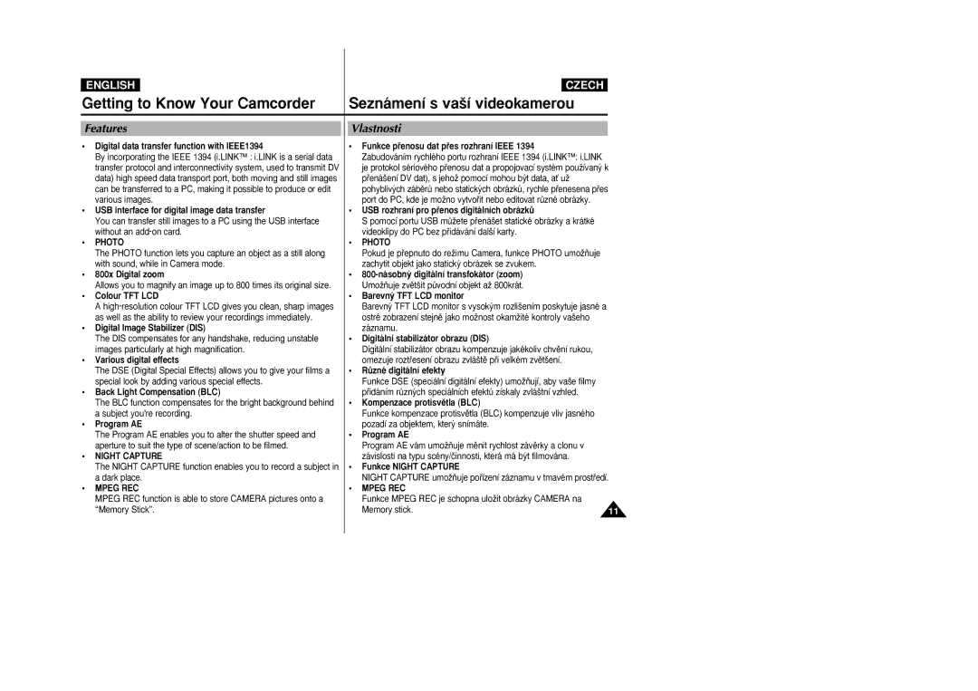 Samsung VP-D26i manual Features, Vlastnosti, Photo, Night Capture, Mpeg REC 