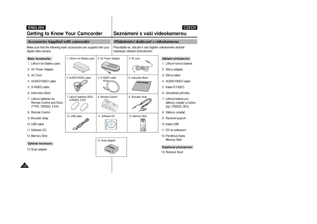 Samsung VP-D26i manual Basic Accessories, Optional Accessory, Základní pﬁíslu‰enství, DoplÀkové pﬁíslu‰enství 