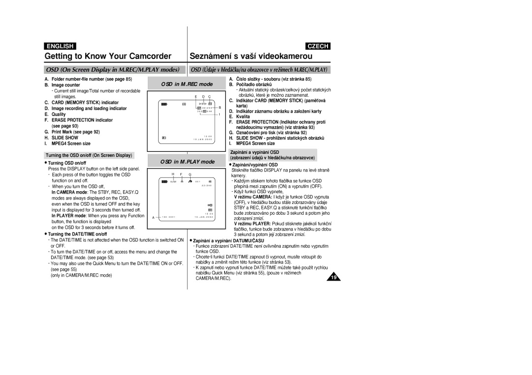 Samsung VP-D26i manual OSD On Screen Display in M.REC/M.PLAY modes 