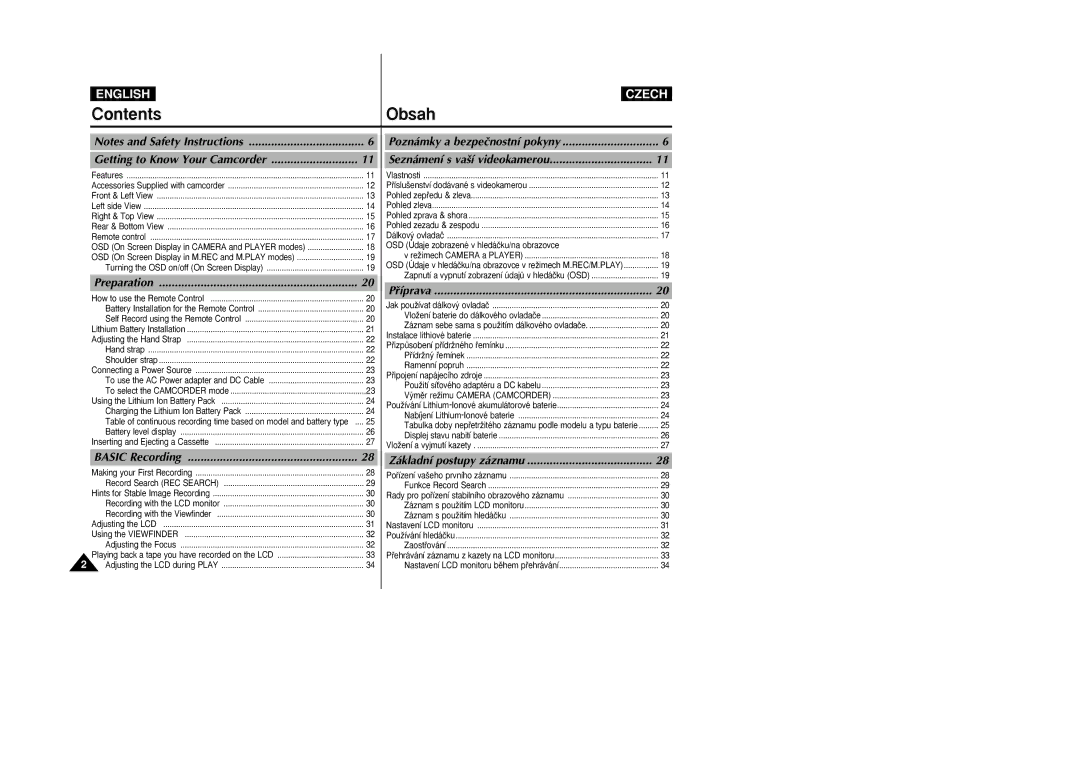 Samsung VP-D26i manual Contents Obsah 