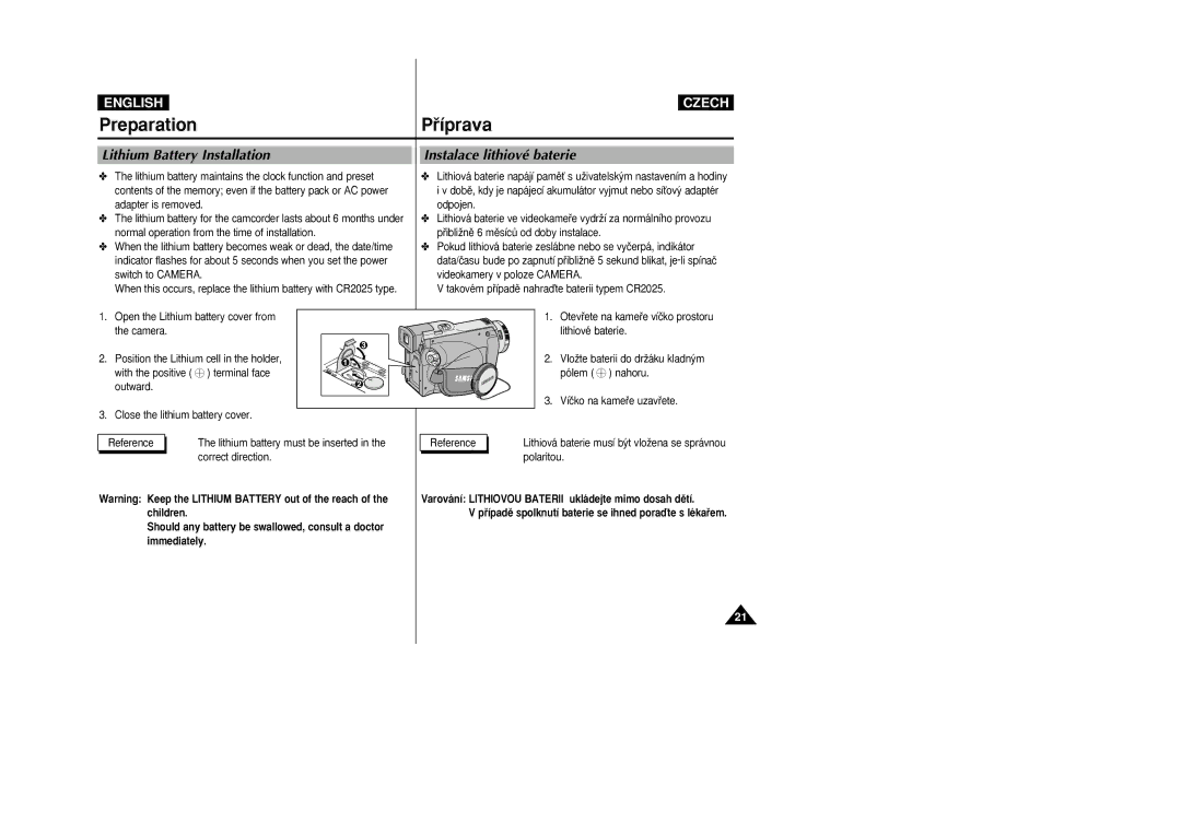 Samsung VP-D26i manual Lithium Battery Installation Instalace lithiové baterie 