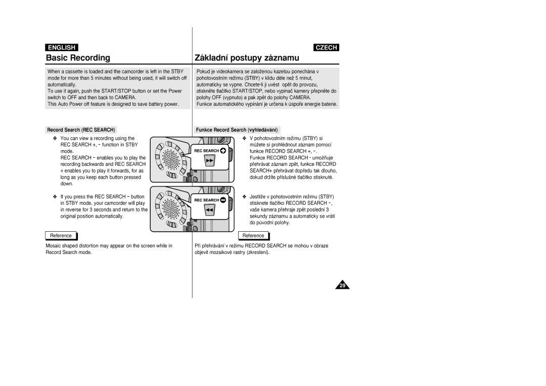 Samsung VP-D26i manual Record Search REC Search, Funkce Record Search vyhledávání 