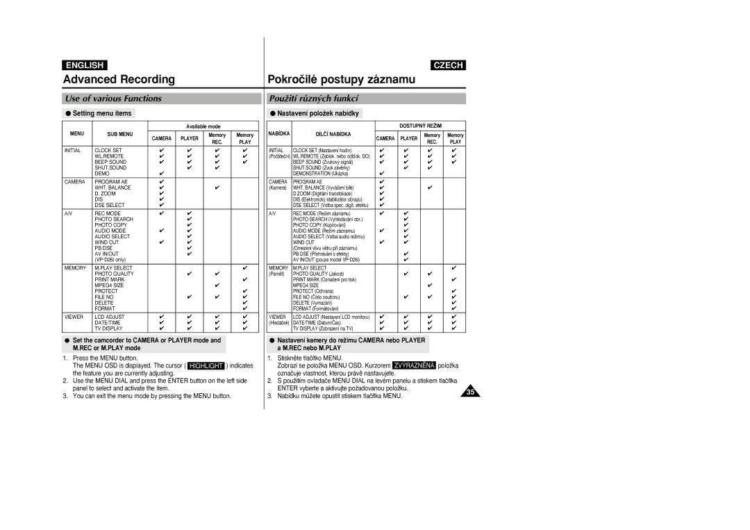 Samsung VP-D26i manual Advanced Recording Pokroãilé postupy záznamu, Use of various Functions, PouÏití rÛzn˘ch funkcí 