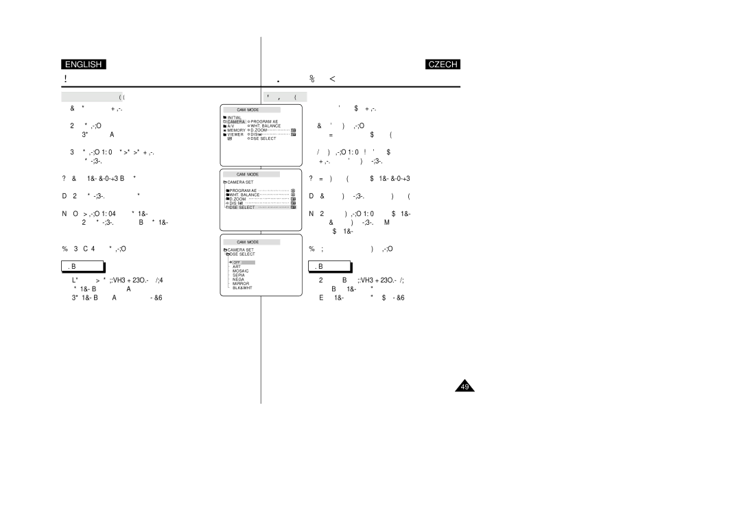 Samsung VP-D26i manual Selecting an effect, Volba efektu, Select DSE Select from the submenu 