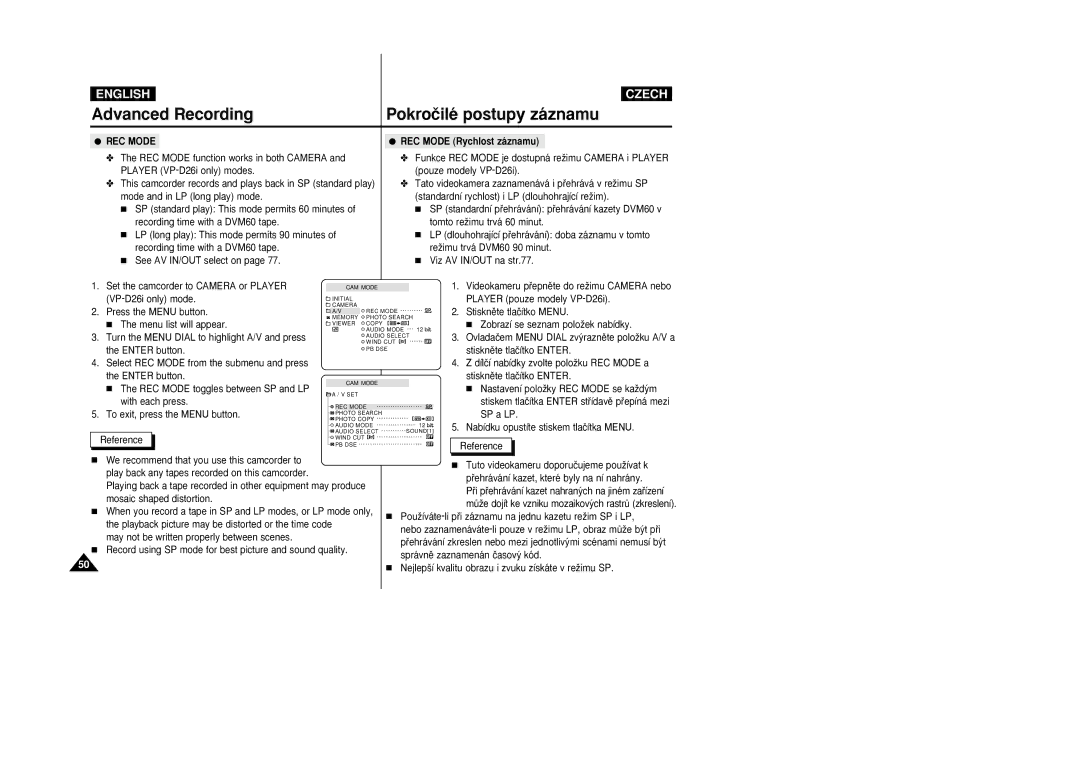 Samsung VP-D26i manual See AV IN/OUT select on, REC Mode Rychlost záznamu 