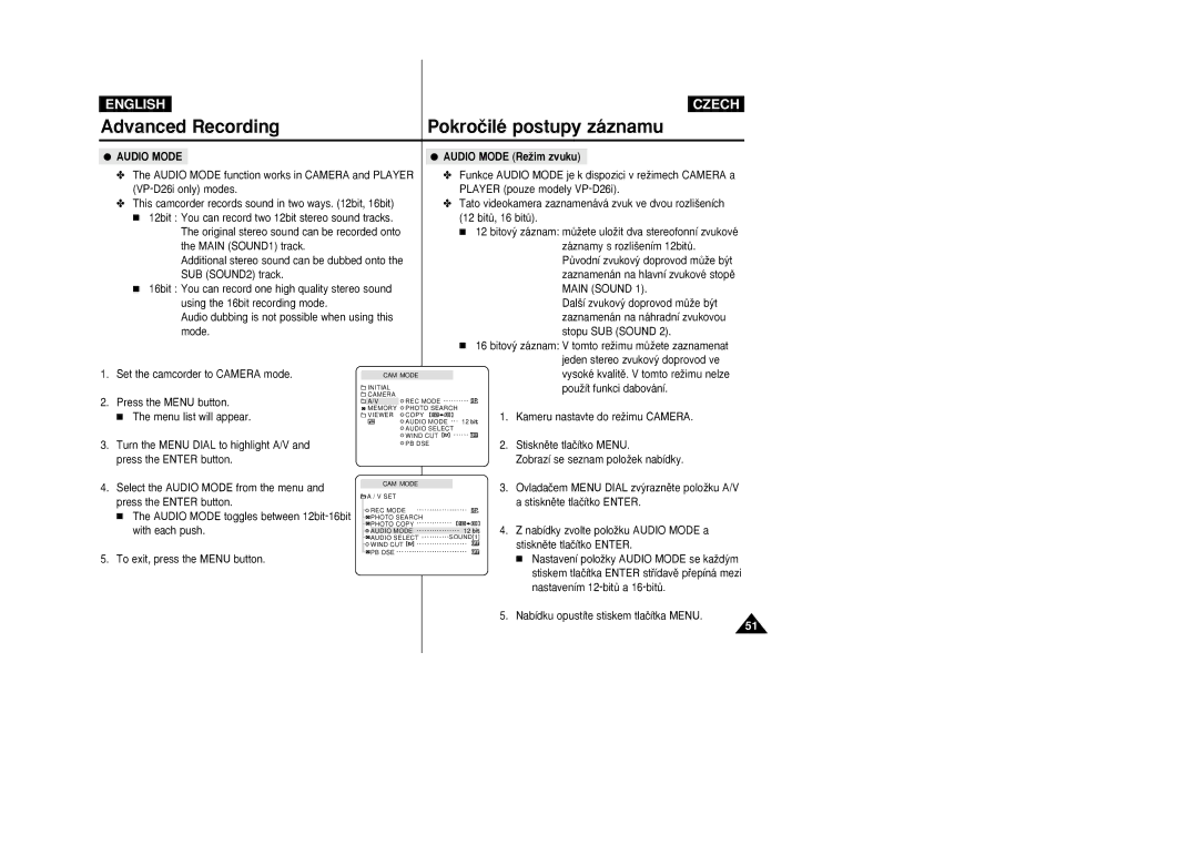 Samsung VP-D26i manual Audio Mode, Main Sound 