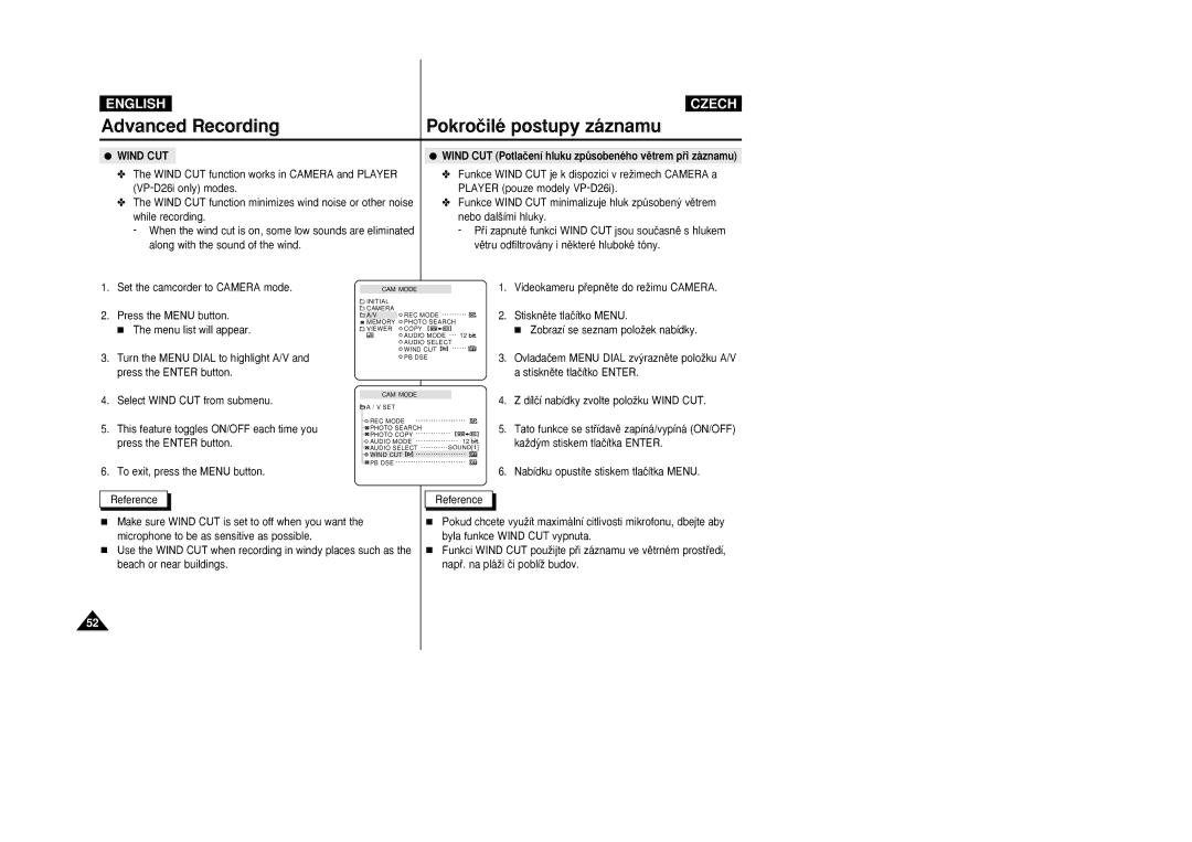 Samsung VP-D26i manual Wind CUT Potlaãení hluku zpÛsobeného vûtrem pﬁi záznamu 