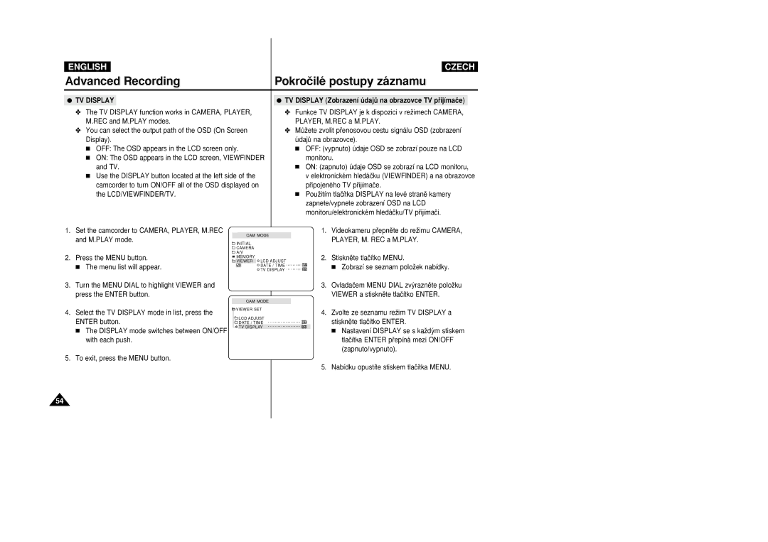 Samsung VP-D26i manual TV Display Zobrazení údajÛ na obrazovce TV pﬁijímaãe 