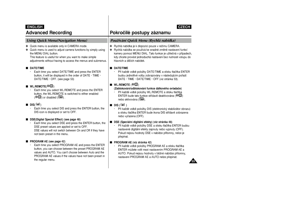 Samsung VP-D26i manual Using Quick MenuNavigation Menu, PouÏívání Quick Menu Rychlá nabídka, Wl.Remote 