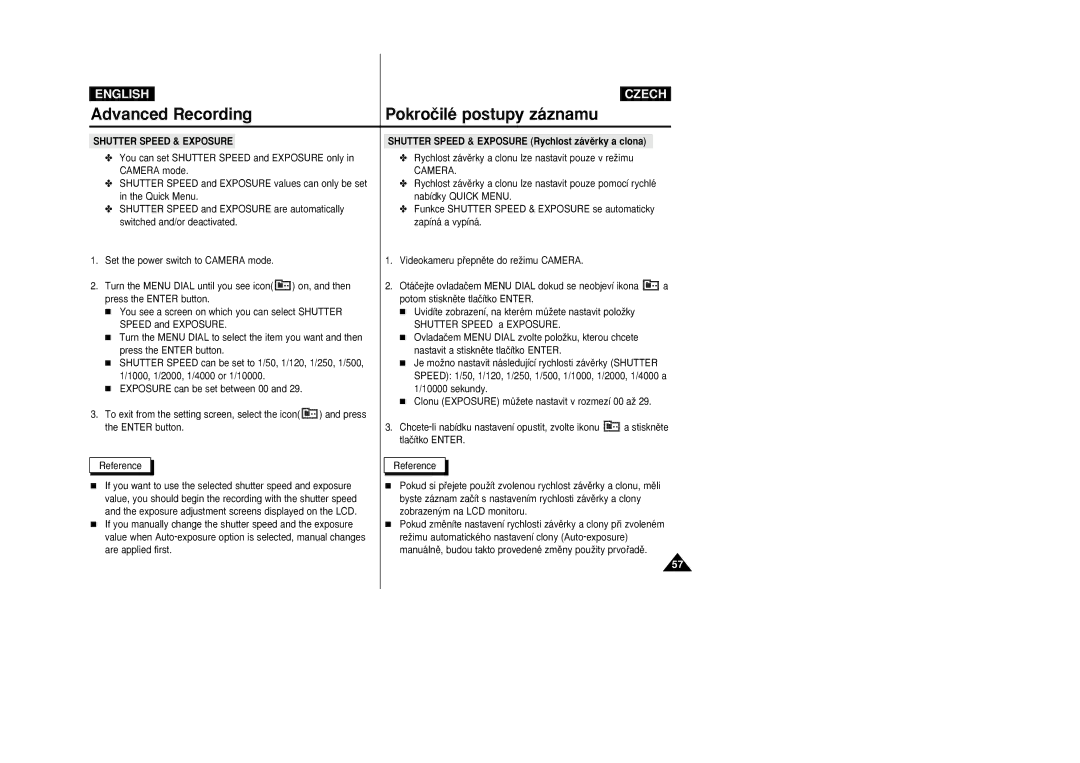 Samsung VP-D26i manual Rychlost závûrky a clonu lze nastavit pouze v reÏimu, Camera 