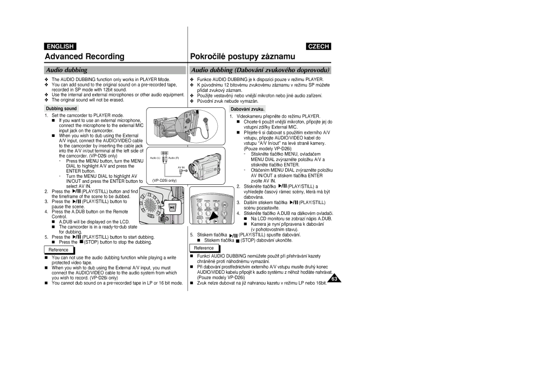 Samsung VP-D26i manual Audio dubbing Dabování zvukového doprovodu 