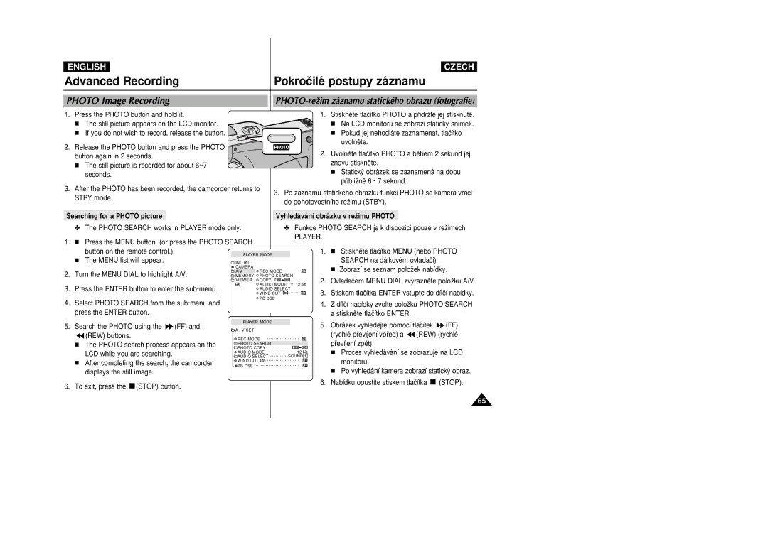 Samsung VP-D26i manual Photo Image Recording, Searching for a Photo picture, Player, Monitoru 