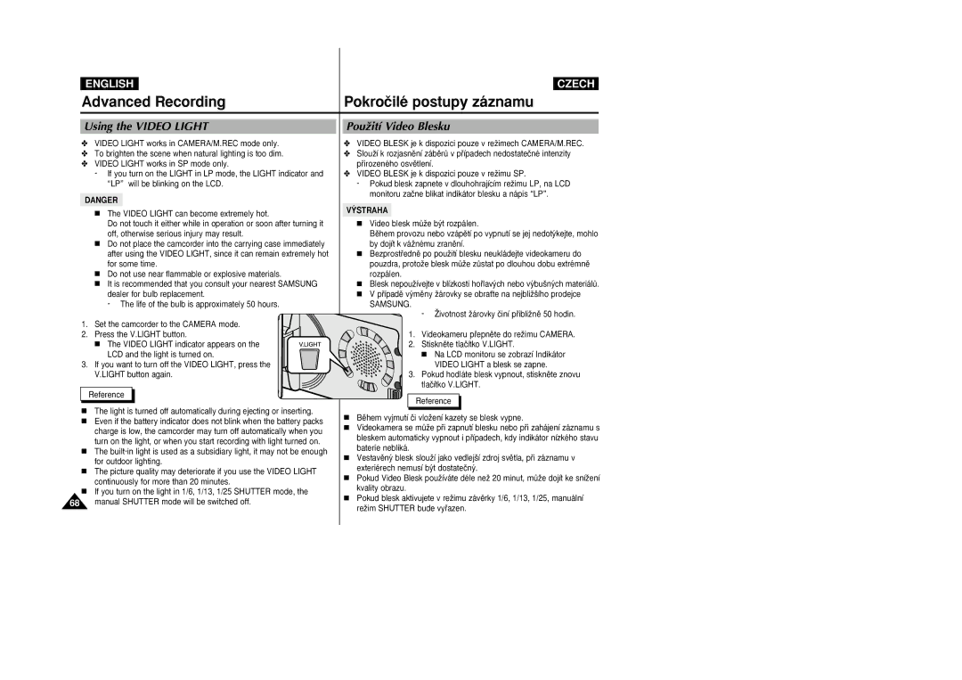 Samsung VP-D26i manual Using the Video Light, PouÏití Video Blesku 