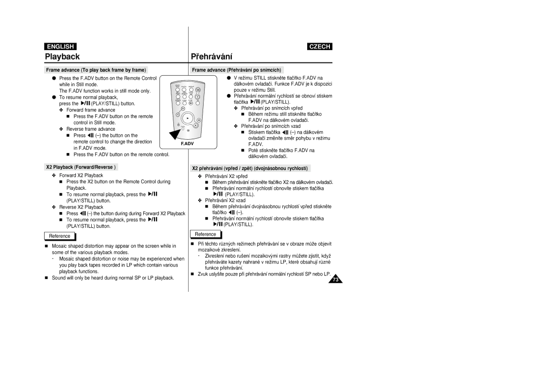 Samsung VP-D26 manual X2 Playback Forward/Reverse, X2 pﬁehrávání vpﬁed / zpût dvojnásobnou rychlostí, Pﬁehrávání X2 vpﬁed 