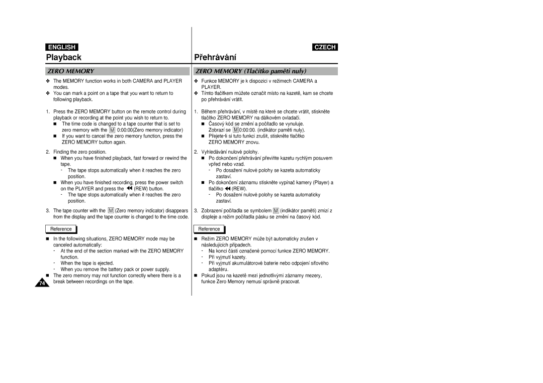 Samsung VP-D26i manual Zero Memory Tlaãítko pamûti nuly, Funkce Memory je k dispozici v reÏimech Camera a 